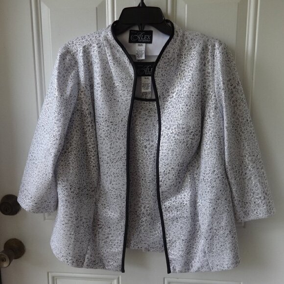Alex Evening two piece top & jacket PXL white with black and silver glitter, - Picture 1 of 13